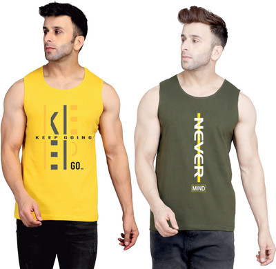 SLOWLORIS Printed Men Round Neck Yellow, Dark Green T-Shirt