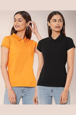 maketin Solid Women Polo Neck Orange, Black T-Shirt