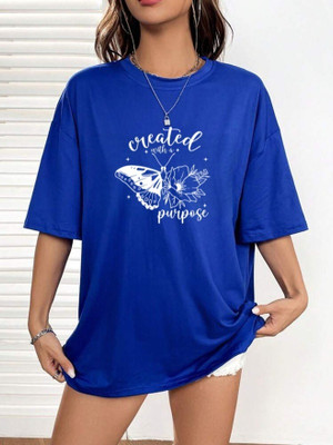 HouseOfCommon Printed Women Round Neck Blue T-Shirt