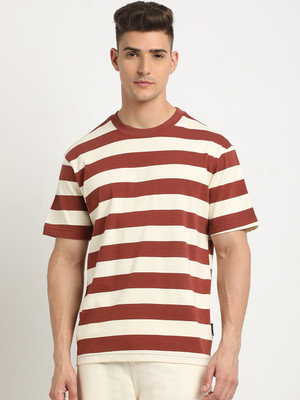 THE BEAR HOUSE Striped Men Round Neck Beige T-Shirt