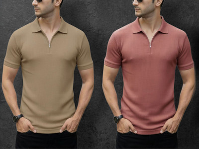 The Stanch Self Design Men Zip Neck Pink, Beige T-Shirt