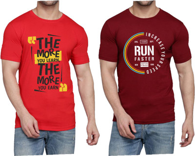 WOOSTRO Printed Men Round Neck Red, Maroon T-Shirt