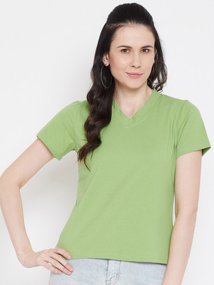 Imfashini Solid Women V Neck Green T-Shirt