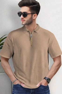 ABHYAMM Self Design Men Zip Neck Brown T-Shirt