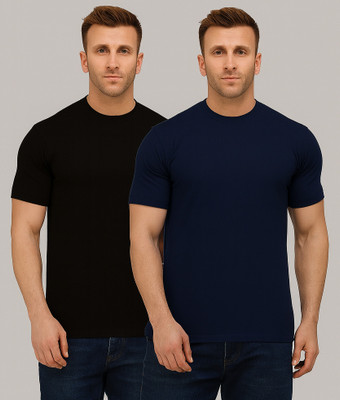 Vivaan Fab Solid Men Round Neck Black, Navy Blue T-Shirt