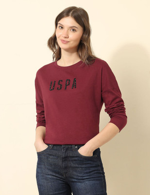 U.S. POLO ASSN. Self Design Women Round Neck Red T-Shirt