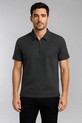 Rollingood Solid Men Polo Neck Black T-Shirt