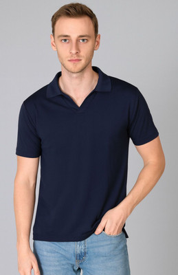 Vivaan Fab Solid Men Polo Neck Navy Blue T-Shirt