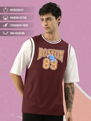 MANIAC Typography Men Round Neck Maroon T-Shirt