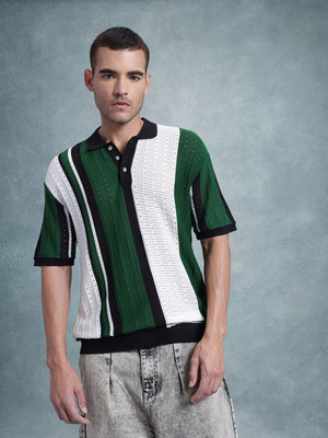 Roadster Striped Men Polo Neck Green T-Shirt
