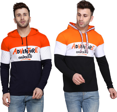SLOWLORIS Printed Men Hooded Neck Orange T-Shirt