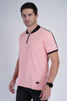 John Peters Solid Men Zip Neck Pink T-Shirt