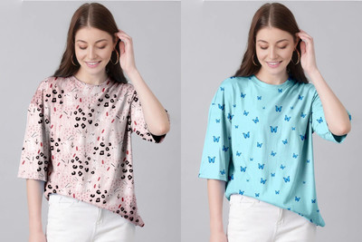 TULSI ENTERPRISES Printed Women Round Neck Light Blue, Pink T-Shirt