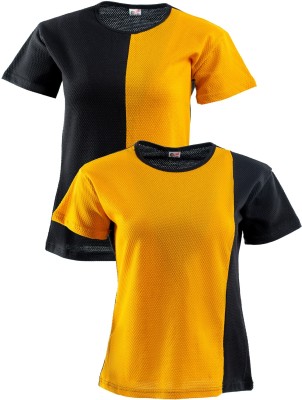 VEE SAA Solid Women Round Neck Yellow, Black T-Shirt