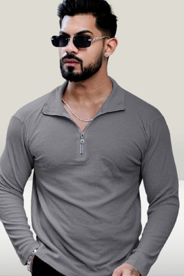 HOODLER Self Design Men Polo Neck Grey T-Shirt