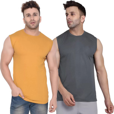 Moordale Fab Solid Men Round Neck Yellow, Grey T-Shirt