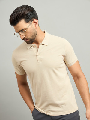 Bodybett Solid Men Polo Neck Beige T-Shirt