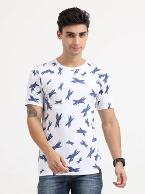 Texman Printed Men Round Neck Dark Blue, White T-Shirt