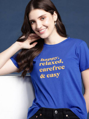 Patche Conversational Women Round Neck Blue T-Shirt