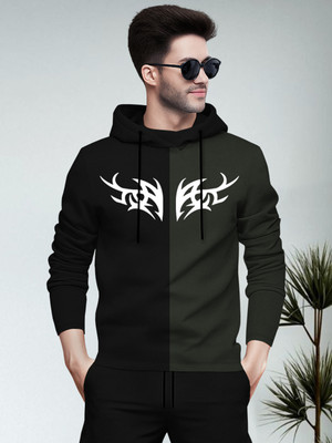 BLIVE Printed Men Hooded Neck Black, Dark Green T-Shirt
