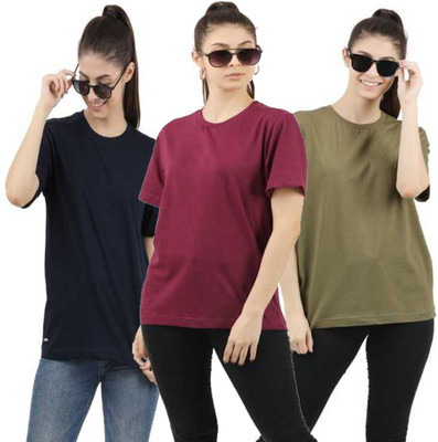 Patche Solid Women Round Neck Green, Maroon, Black T-Shirt