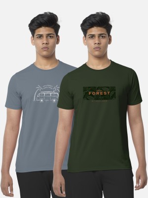 Bullmer Graphic Print Men Round Neck Grey, Dark Green T-Shirt