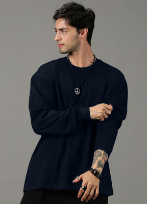 ALONE EAGLE Solid Men Round Neck Dark Blue T-Shirt