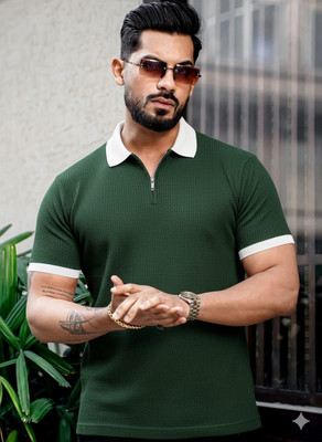 CrisPet Self Design Men Polo Neck Dark Green T-Shirt