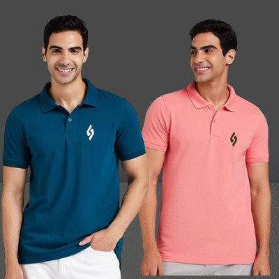 cnw Solid, Printed Men Polo Neck Blue, Pink T-Shirt