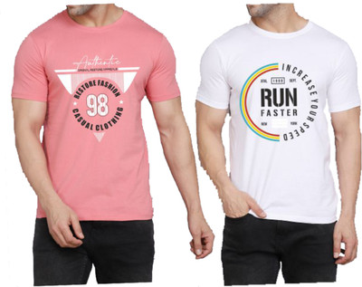 WOOSTRO Printed Men Round Neck Pink, White T-Shirt
