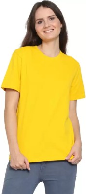 FRANSCART Solid Women Round Neck Yellow T-Shirt