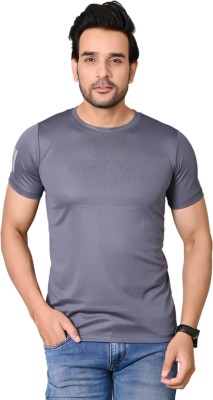 Burundi Blu Solid Men Round Neck Grey T-Shirt