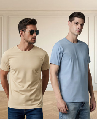 Vontade Solid Men Round Neck Beige, Light Blue T-Shirt