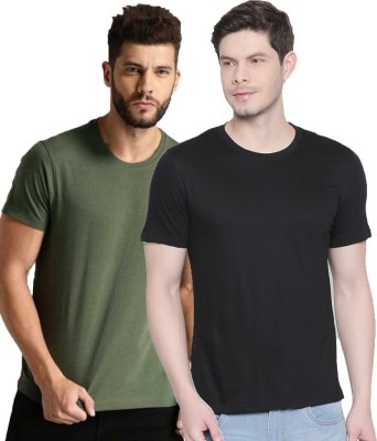 Organic Chics Solid Men Round Neck Dark Green, Black T-Shirt