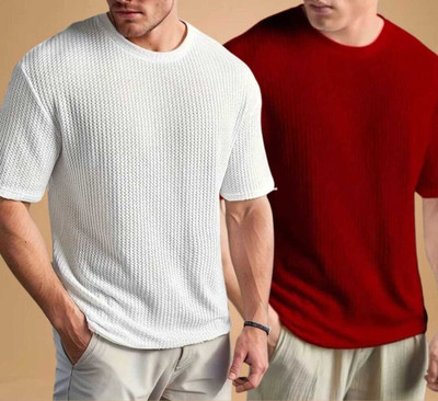 boombaam Self Design Men Round Neck White, Red T-Shirt