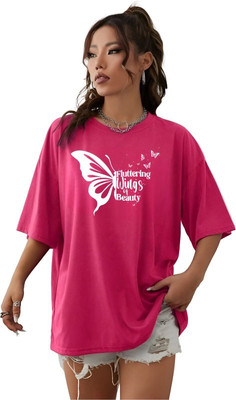 FLUFFYY ENTERPRISE Printed Women Round Neck Pink T-Shirt