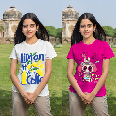 Parona Graphic Print Women Round Neck White, Pink T-Shirt