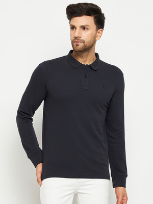 98 Degree North Solid Men Polo Neck Navy Blue T-Shirt