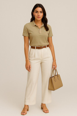 DAUACE Solid Women Polo Neck Beige T-Shirt