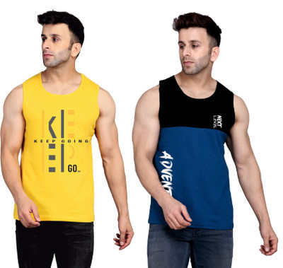 SLOWLORIS Printed Men Round Neck Yellow, Black, Dark Blue T-Shirt