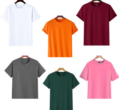 lalita creation Solid Men Round Neck White, Orange, Maroon, Grey, Dark Green, Pink T-Shirt