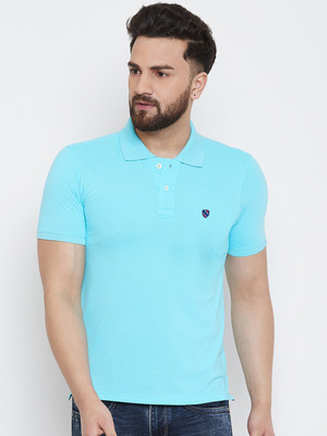 Merriment Solid Men Polo Neck Blue T-Shirt