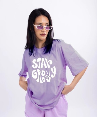 DECENCY Printed, Typography Women Round Neck Purple T-Shirt