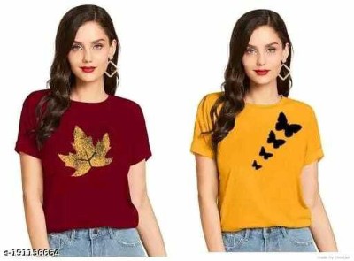 Tdoc Printed Women Round Neck Yellow, Maroon T-Shirt