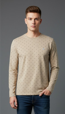 SAND PIPER Printed Men Round Neck Beige T-Shirt
