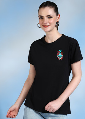 Moda Rapido Printed Women Round Neck Black T-Shirt