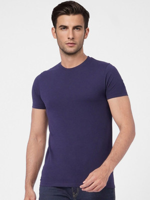 RULEDBYSUN Solid Men Round Neck Navy Blue T-Shirt