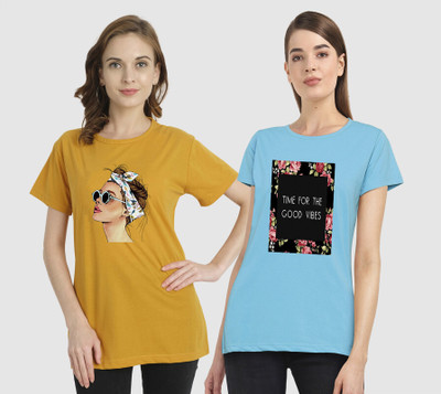 CHOZI Printed Women Round Neck Yellow, Light Blue T-Shirt