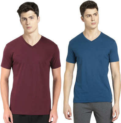 JOCKEY Solid Men V Neck Maroon, Dark Blue T-Shirt