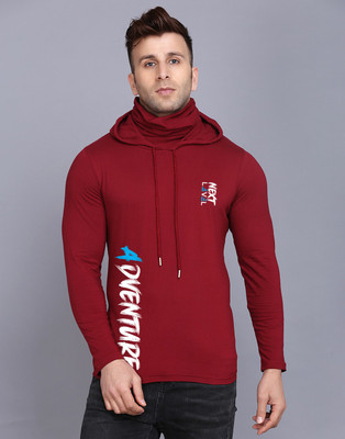 SLOWLORIS Typography Men Hooded Neck Maroon T-Shirt
